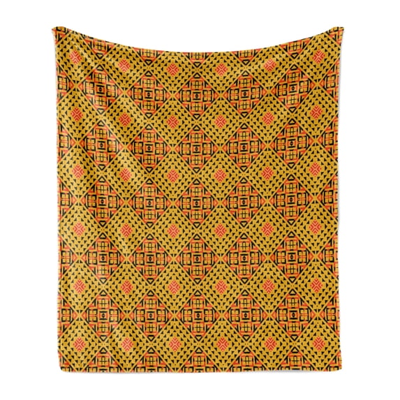 Kente Pattern Soft Flannel Fleece Throw Blanket, Diagonal Pattern in Warm Colors and Small Triangles, Cozy Plush for Indoor and Outdoor Use, 70" x 90", Earth Yellow Vermilion, by Ambesonne
