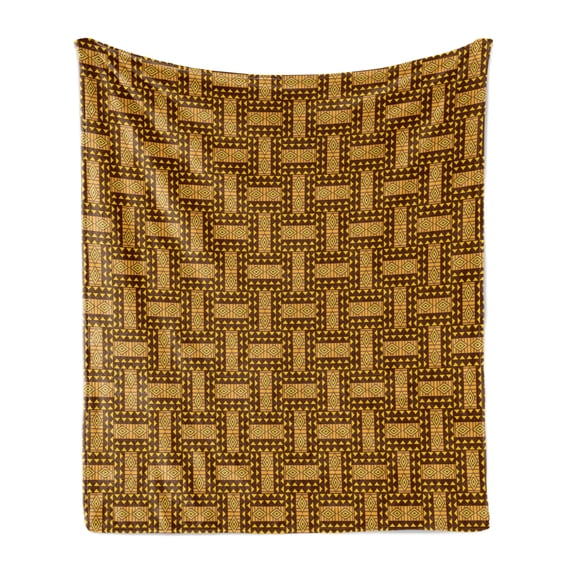 Kente Pattern Soft Flannel Fleece Throw Blanket, Vintage National Pattern Triangles and Diamond Line Motifs, Cozy Plush for Indoor and Outdoor Use, 50" x 70", Brown Earth Yellow Mauve, by Ambesonne
