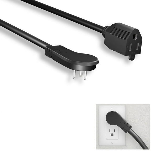 Kentek 3 Feet Ft 16 AWG Low Profile Angled Power Extension Cable Cord NEMA 5-15P/R 13A/125V Black