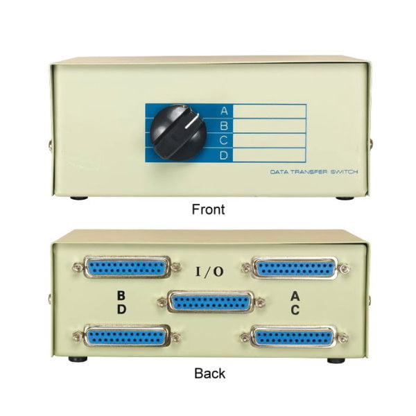 Kentek DB25 4 Way Manual Data Switch Box RS-232 Parallel Serial D-Sub 25  Pin Female I/O ABCD Port for PC MAC to Peripherals Devices Printer Modem