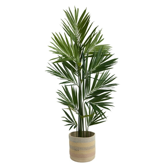 Nearly Natural 7ft Kentia Palm in Natural Cotton Multicolored Woven Planter