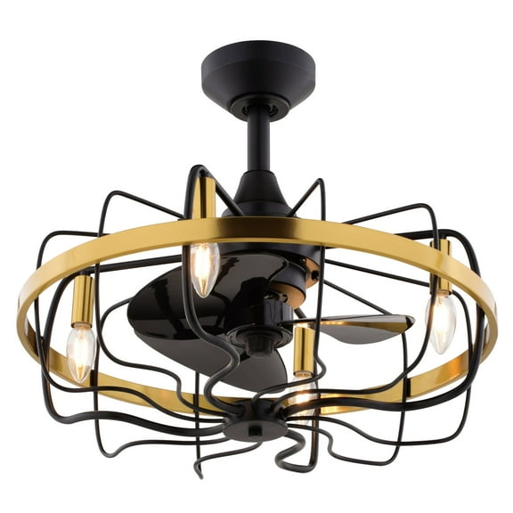 Kenton Black and Gold Satin Brass Contemporary 21-in. Fandelier Ceiling Fan with Cage Light Kit and Remote