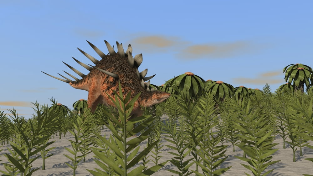 Kentrosaurus grazing amongst desert plants Canvas Art - Kostyantyn IvanyshenStocktrek Images (38 x 22)