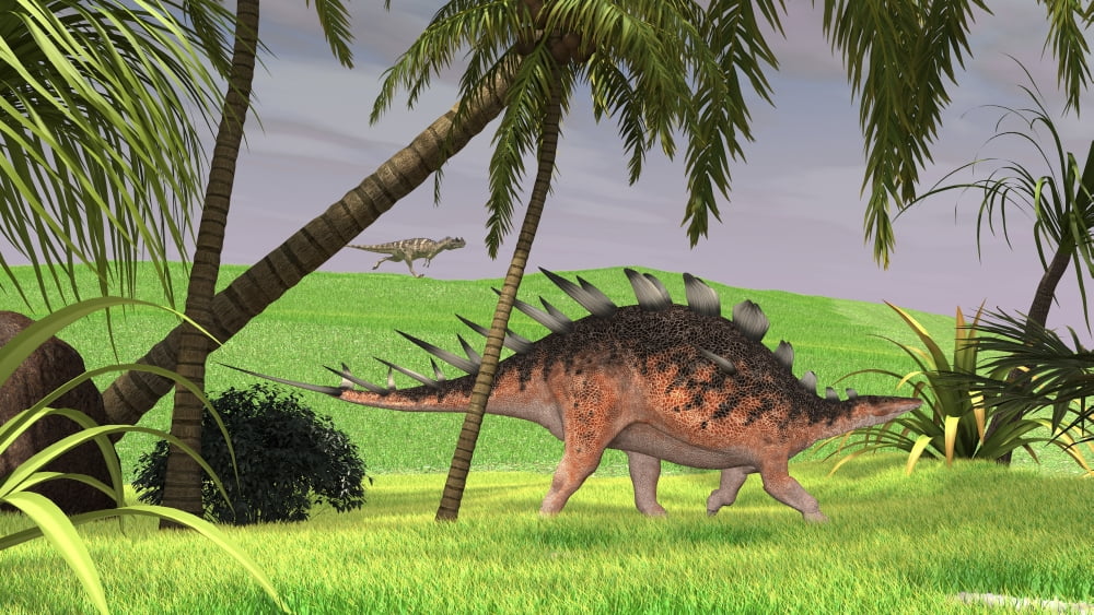 Kentrosaurus walking through a field with a Ceratosaurus in background Canvas Art - Kostyantyn IvanyshenStocktrek Images (38 x 22)