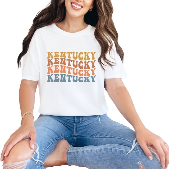 Kentucky, America, US or USA State, Groovy Retro Wavy Text, White Comfort Colors T-Shirt, XL