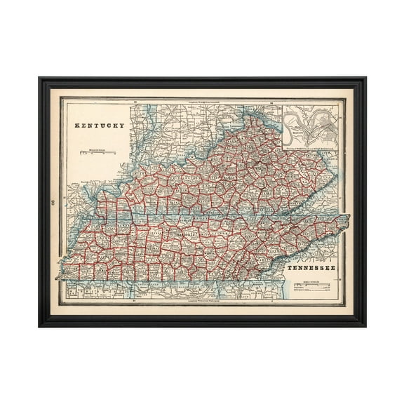 Kentucky Art, 1893 Vintage Map of Kentucky History Wall Decor Gift, Old Kentucky Map - 24" x 18" Black Framed Print