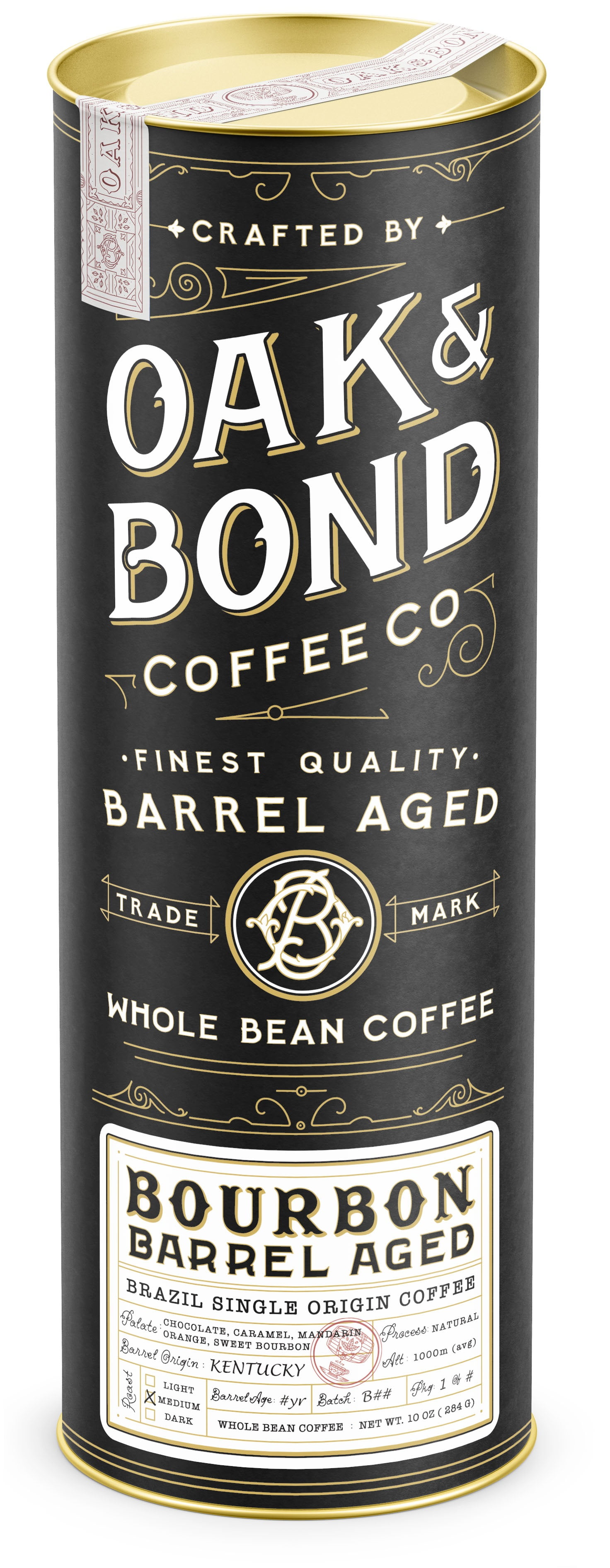 Kentucky Bourbon Whiskey Barrel Aged Coffee, Brazil Single Origin Whole Coffee Bean, Medium Roast w/ Flavor Notes of Chocolate, Caramel, Mandarin Orange, Sweet Bourbon by Oak & Bond Coffee Co. – 10oz.