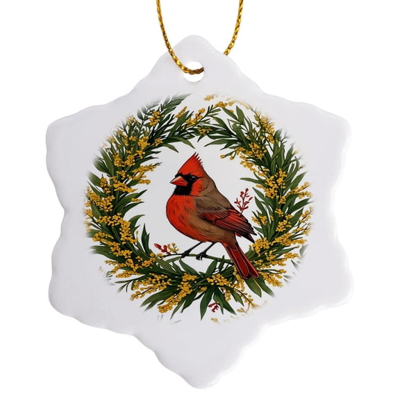 3drose, Kentucky Cardinal Bird with Yellow Flower Wreath, 3 inch Snowflake Porcelain Ornament