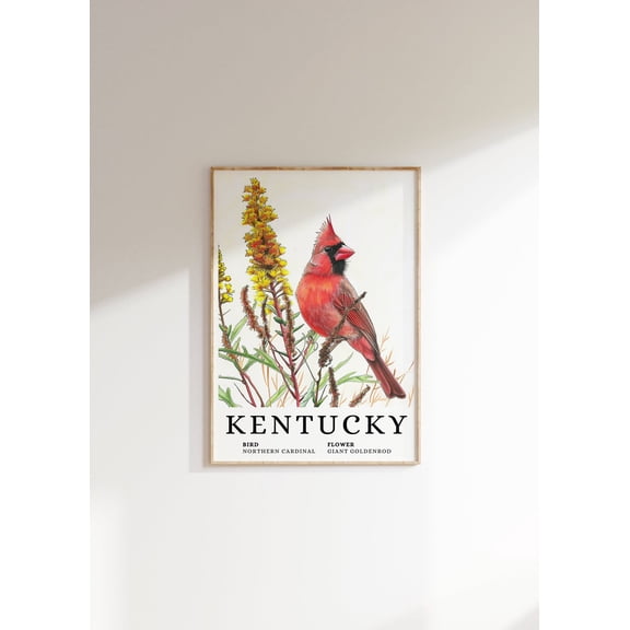 Kentucky Cardinal & Goldenrod Art : State Bird Flower Unframed Paper Print