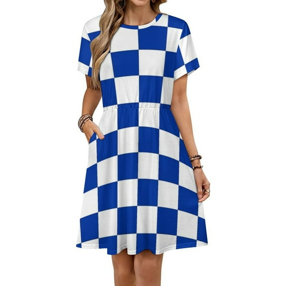 Kentucky Checkerboard Blue And White Dress Fashion Beach Short Sleeve Dresses Female Party Printed Sundress