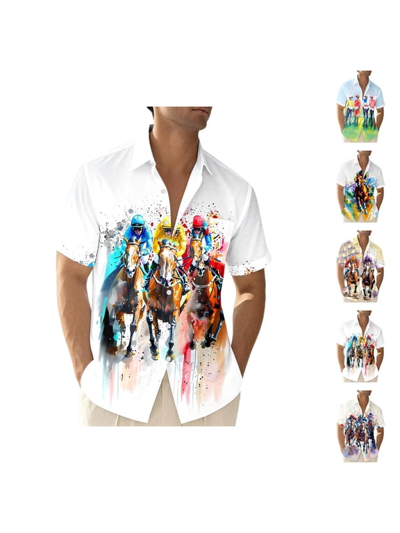 Kentucky Derby Shirts for Men Short Sleeve Button Down Lapel Collar Horserace Graphic Shirt