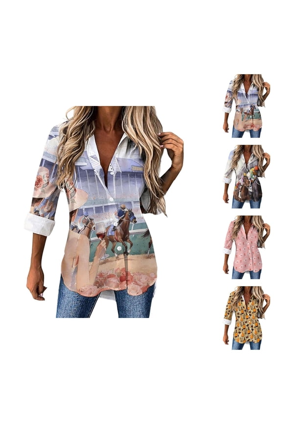Kentucky Derby Shirts for Women Long Sleeve Button Down Lapel Collar Loose Fit Horserace Casual Blouse
