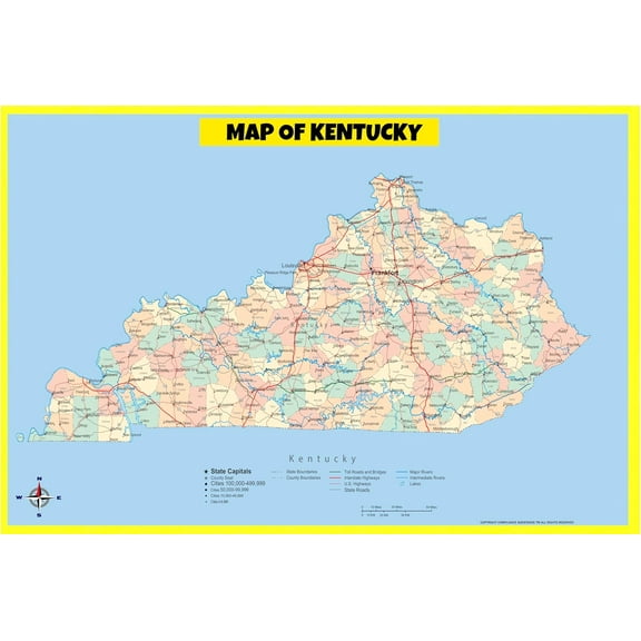 Kentucky Map Poster - Laminated Wall Map - Style A - 36x60 - Ideal for Classrooms and Homes – Features Bright Colors and Vivid Imagery