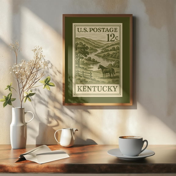 Kentucky Postage Stamp Art Poster Vintage Style Landscape Poster With Horse & Hills Retro Inspired Ky Country Wall Art, Unframed Poster Size 12x18