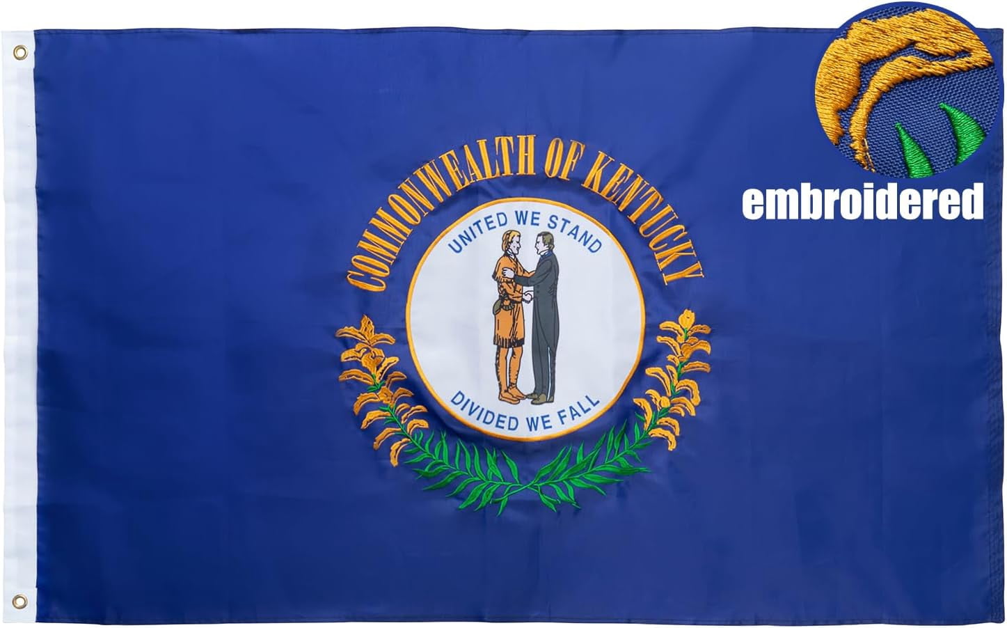 Kentucky State Flag 3x5 Outdoor KY Flags Double Sided Embroidered Longest Lasting Heavy Duty Polyester Stronger Brass Grommets 4 Stitched Hemming Perfect for Outside