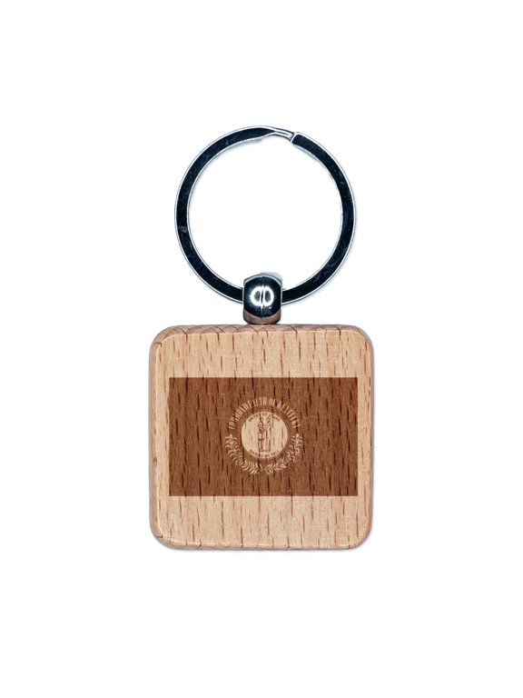 Kentucky State Flag Square Keychain Charm Tag - Engraved Wood