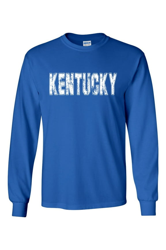 Kentucky Tshirt Football Team Color Blue and White Distressed Kentucky State Name Wildcat Mens Long Sleeve T-shirt Graphic Tee-Royal Blue-5xl