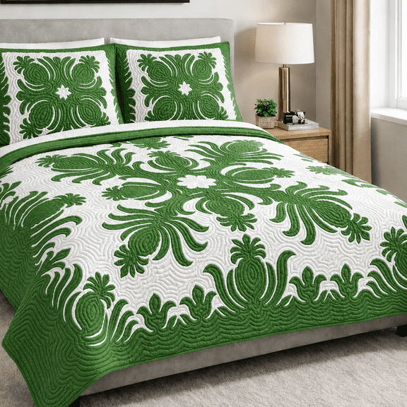 Kenui Quilts Pineapple Hawaiian Quilt Bedspread, King, Seafoam Green on Off-White, 108" x 108"
