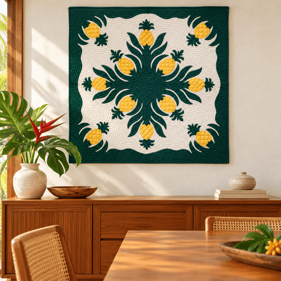 Kenui Quilts Pineapple Hawaiian Quilted Wall Hanging, 42" x 42", Yellow and Hunter Green on Off-White