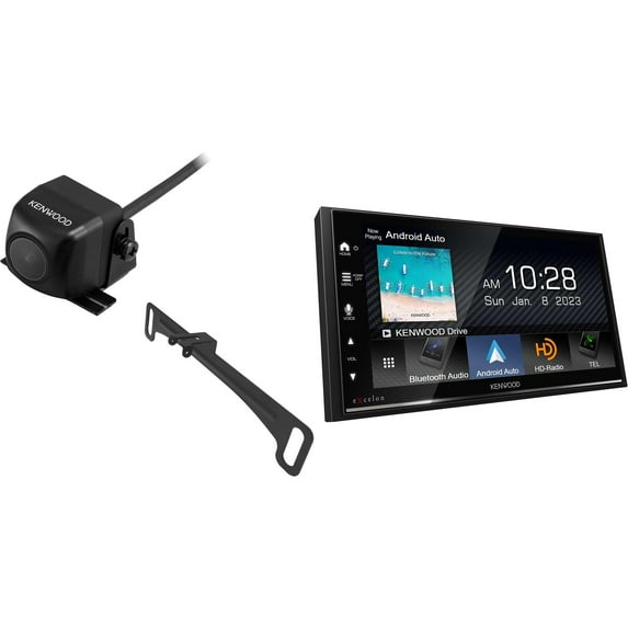 Kenwood DMX709S MultiMedia Receiver with CMOS-230LP Rearview Camera with License Plate Mounting Hardware