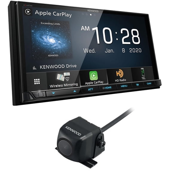 Kenwood DMX907S MultiMedia Receiver (No CD) Compatible With Apple CarPlay & Android Auto with a Kenwood CMOS-230 Rearview Camera with Universal Mounting Hardware