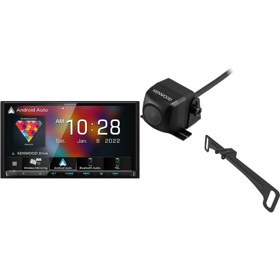 Kenwood DMX9708S MultiMedia Receiver with CMOS-230LP Rearview Camera with License Plate Mounting Hardware