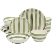 Kenwood Shores 16 Piece Dinnerware Set, Green Striped, Hand-Painted Stoneware, Plates and Bowls, Service for 4, Microwave & Dishwasher Safe