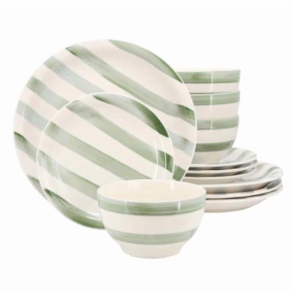Kenwood Shores Dinnerware Set - Green Stripe - 12 Pieces - Microwave Safe