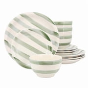 Kenwood Shores Dinnerware Set - Green Stripe - 12 Pieces - Microwave Safe