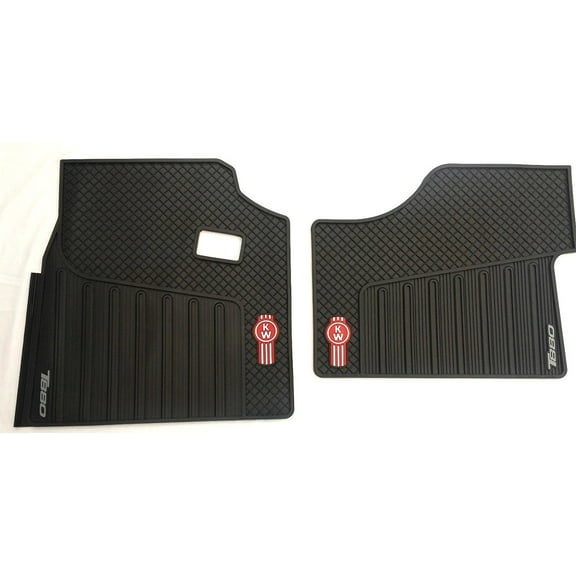 Kenworth OEM T880 Black Rubber Floor Mats w/Red Logo Fits 2014-2018 - All-Weather/Terrain