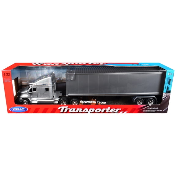 Kenworth T2000 Truck Silver Metallic with Gray Container "Transporter" Series 1/32 Diecast Model by Welly