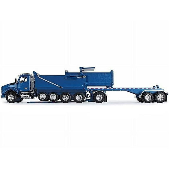 Kenworth T880 Quad-Axle Dump Truck & Rogue Transfer Tandem-Axle Dump Trailer 1 by 64 Scale Diecast Model Car, Surf Blue Metallic