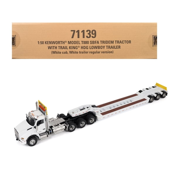 Kenworth T880 SBFA Tridem Truck with Trail King HDG Lowboy Trailer White "Transport Series" 1/50 Diecast Model by Diecast Masters