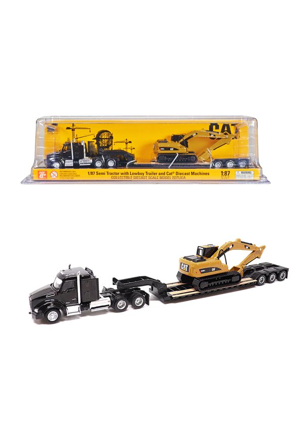 Kenworth T880 SBFS Sleeper Tandem Tractor Black with Lowboy Trailer and CAT 320D L Hydraulic Excavator Yellow 1/87 (HO) Diecast Model by Diecast Masters
