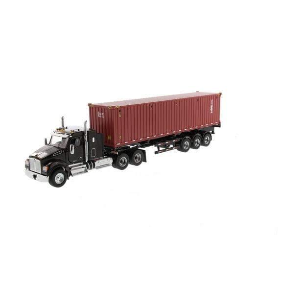 Kenworth T880 SFFA Tandem Cab Truck Tractor with Skeleton Trailer and TEX Shipping Dry Goods Sea Container, Black and Red - Diecast Masters 71060 - 1/50 scale Diecast Model Toy Car