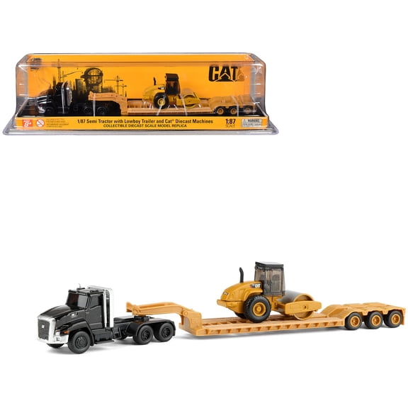 Kenworth T880 Tractor Black with Lowboy Trailer and CAT Roller Yellow 1/87 (HO) Diecast Model by Diecast Masters