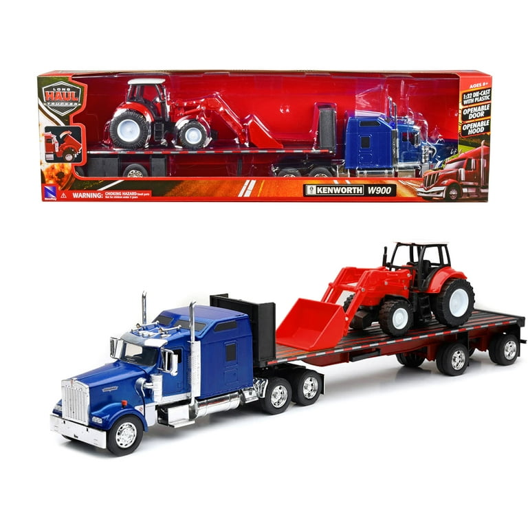 New Ray Kenworth W900 Blue Metallic Toy Semi Truck with Red Farm