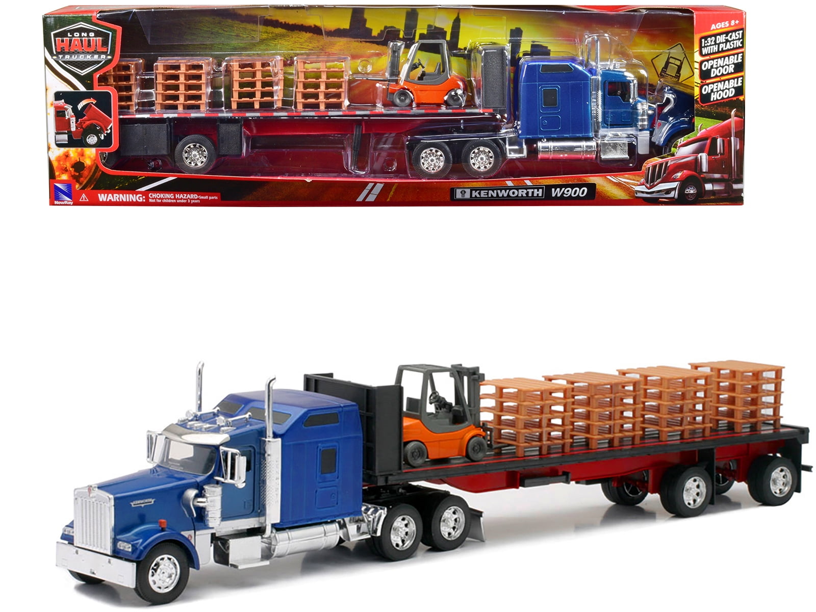 自動車 NewRay Long Hauler Kenworth W900 52813 Kenworth W900 Truck with Flatbed Trailer Blue with Forklift and