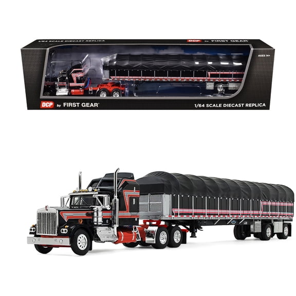 Kenworth W900A with 60" Aerodyne Sleeper and 53 Wilson Roadbrute Flatbed Trailer with Covered Wagon Black with Red Stripes 1/64 Diecast Model by DCP/First Gear