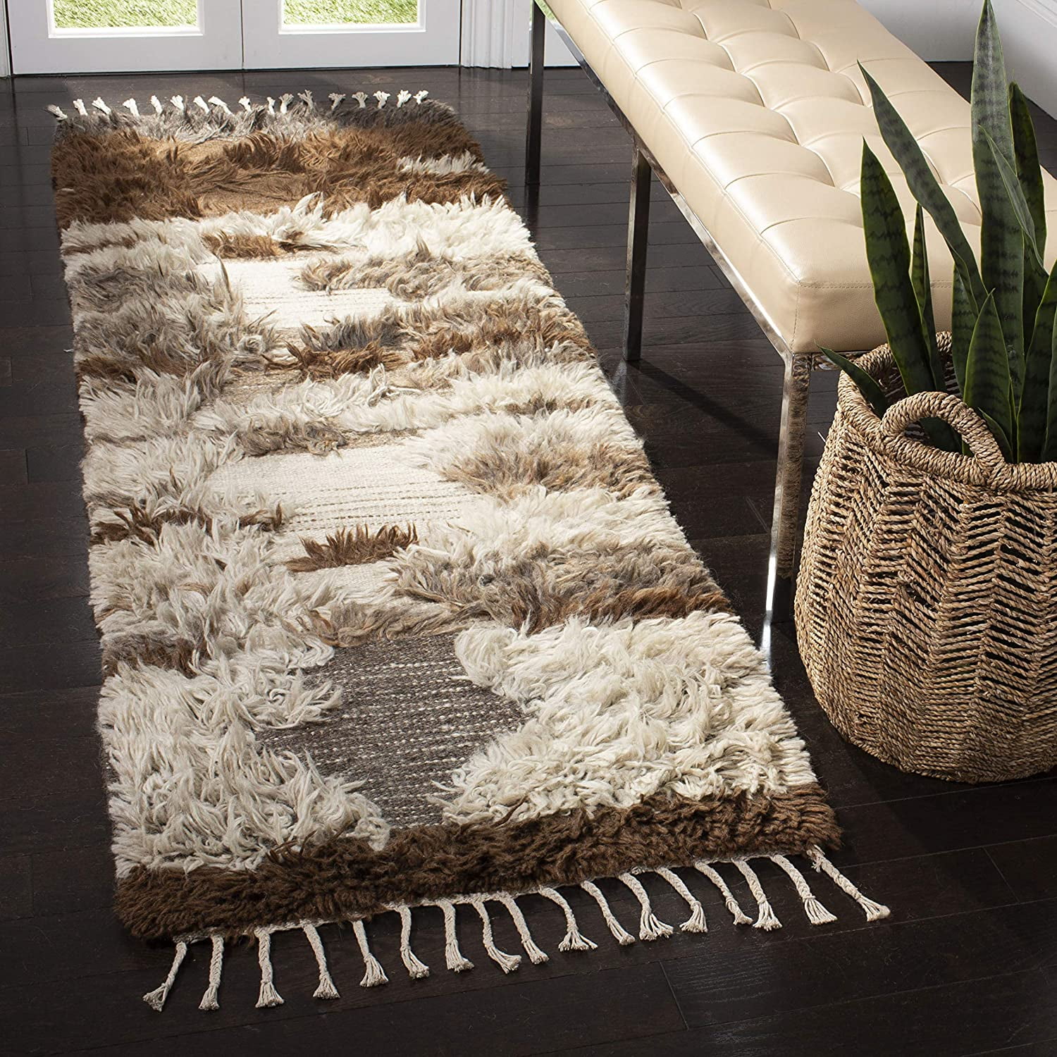 Gray and Brown Hand-Knotted Wool Runner Rug with Tassels