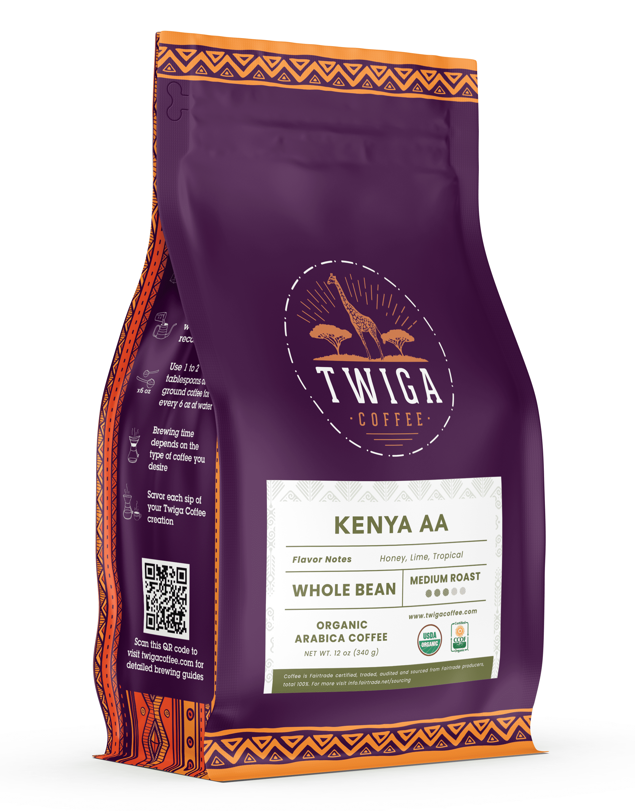 Kenya Grade AA Coffee USDA Organic Medium Roast Whole Bean 12 oz Twiga Coffee