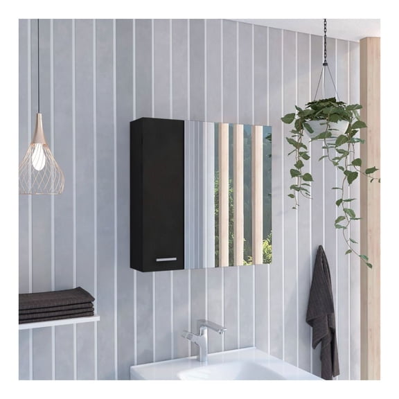 Kenya Medicine Cabinet, Mirror, Double Door, Four Interior Shelves Black + 2 + 18 to 23 in + Bathroom + Wall Mounted + Modern + 5 - 10 inches + Melamine + Engineered Wood