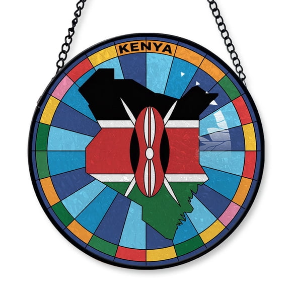 Kenya Travel Decor Suncatcher Stained Glass Window Hanging, Gift for Traveller, Collection of Country Travel Souvenirs for Family and Friends, Kenya Map and Flag Décor
