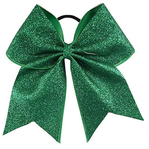 Kenz Laurenz Glitter Cheer Bows - Cheerleading Softball Gifts for Girls and Women Team Bow with Ponytail Holder Complete your Cheerleader Outfit Uniform Strong Hair Ties Bands Elastics (1) (Green)