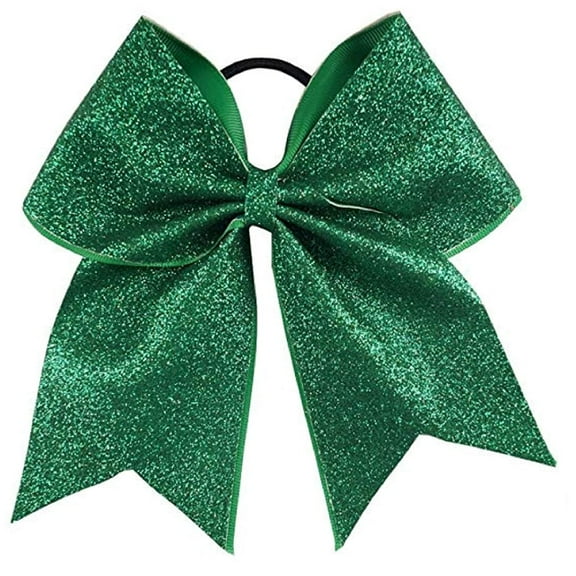 Kenz Laurenz Glitter Cheer Bows - Cheerleading Softball Gifts for Girls and Women Team Bow with Ponytail Holder Complete your Cheerleader Outfit Uniform Strong Hair Ties Bands Elastics (1) (Green)