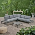 thumbnail image 1 of Kenzie Outdoor 4 Piece Aluminum and Wood V-Shaped Sofa Set with Cushions, Gray, Dark Gray, 1 of 6