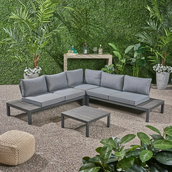 Kenzie Outdoor 4 Piece Aluminum and Wood V-Shaped Sofa Set with Cushions, Gray, Dark Gray
