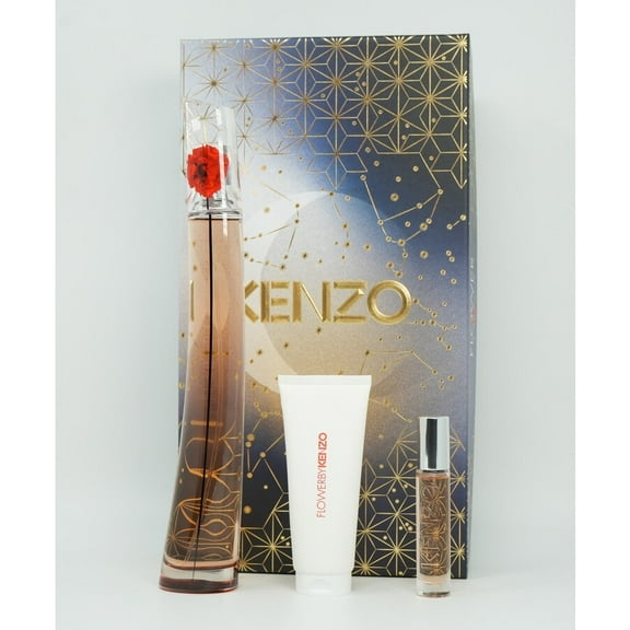 Kenzo Flower , 3 Pc Gift Set 3.3oz EDP Spray (Refillable), 0.3oz EDP Spray (Refillable), 2.5oz Body Milk