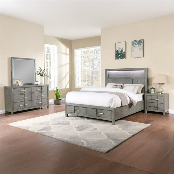 Full 5PC Modern Style Storage Bedroom Set Made with Wood in Gray
