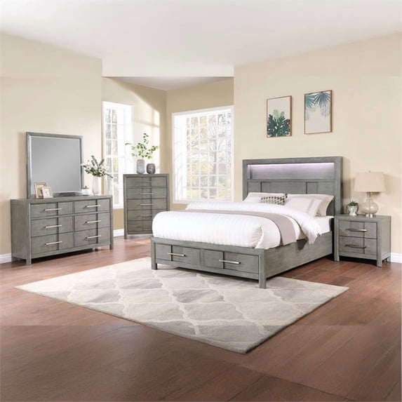 King 4PC Modern Style Bedroom Set Made with Wood in Gray